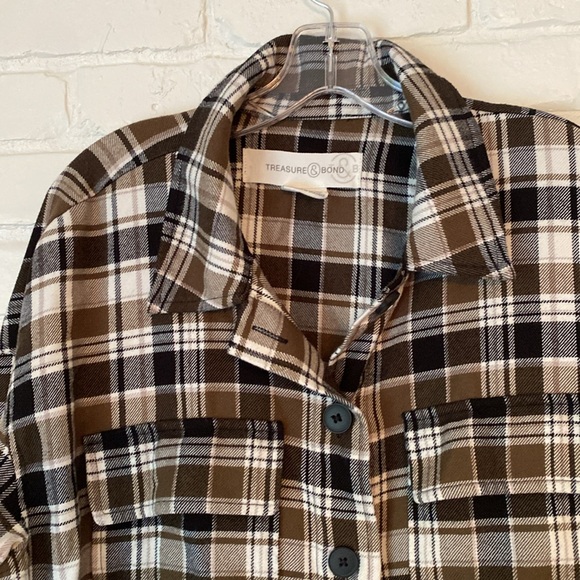 Treasure & Bond Olive, Black and Cream Plaid Shacket - M - Picture 2 of 7